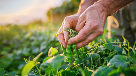 Elderly Farmer Harvesting Green Peas in a Sunlit Field. Concept of Agricultural Work, Sustainable Farming, Organic Produce, Rural Lifestyle.の写真素材