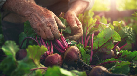 Farmer harvesting ripe red beets. Concept of agriculture, farming, farm-to-table, organic vegetables.の写真素材