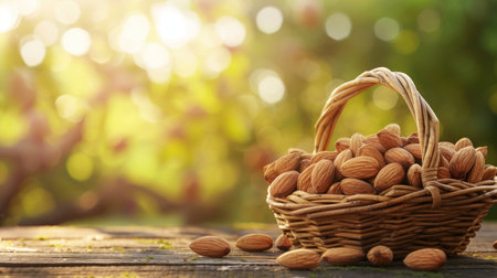 Full Basket of Freshly Picked Almonds on Rustic Wooden Table in Orchard. Concept of Harvesting, Organic Farming, Healthy Eating. Copy space.の写真素材