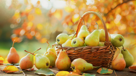 Full Basket of Freshly Picked Pears on a Wooden Table with Autumn Leaves. Concept of Harvest, Fresh Fruit, Autumn, Nature. Copy space.の写真素材