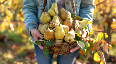 Woman holding a basket of freshly picked pears in an autumn orchard. Concept of harvest, fruit gathering, outdoor agriculture, and seasonal farming.の写真素材