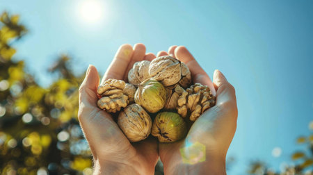 Caucasian hands holding freshly picked walnuts and figs under a bright sunny sky. Concept of autumn...