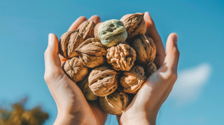 Hands holding freshly picked walnuts and figs under a bright sunny sky. Concept of autumn harvest, fresh produce, nature, healthy diet.の写真素材