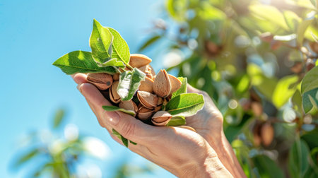 Close-up of Caucasian Female Hands Holding Freshly Picked Almonds with Leaves on a Sunny Day. Concept of Harvesting, Nut Collection, Organic Farming, Healthy Eating.の写真素材