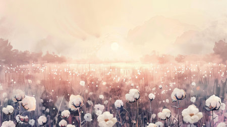 Soft watercolor illustration of a cotton field at sunset. Concept of nature scenery, agricultural landscape, cotton plant field, countryside atmosphere.の写真素材