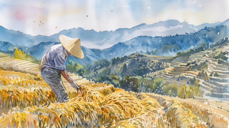 Watercolor Illustration of a Farmer in a Straw Hat Harvesting Rice in a Scenic Mountainous Landscape. Concept of Agriculture, Rural Life, Manual Labor, Farming.の写真素材