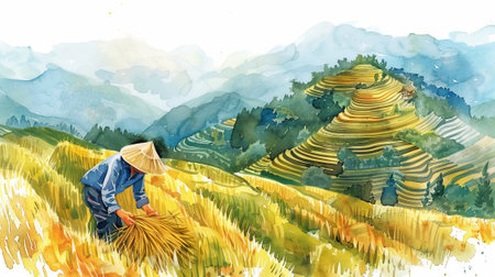 Watercolor Illustration of a Farmer in a Straw Hat Harvesting Rice in a Scenic Mountainous Landscape. Concept of Agriculture, Rural Life, Manual Labor, Farming.の写真素材