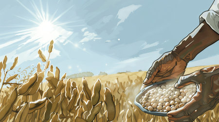 African American male farmer harvesting soybeans in a sunny field. Concept of agriculture, farming, agricultural labor, harvest season.の写真素材