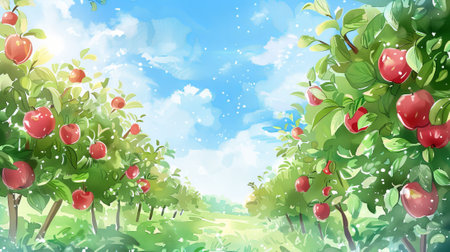 Watercolor art of a lush apple orchard under a vibrant sky. Concept of nature, fruit trees, harvesting, and agricultural landscape.の写真素材