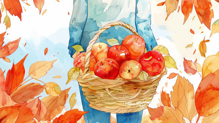 Watercolor Art of Person Holding Basket Filled with Red Apples Amid Autumn Leaves. Concept of Harvest, Fall Season, Nature, Fruit Picking.の写真素材