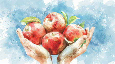 Watercolor illustration of hands holding fresh apples in front of an aquarelle background. Concept of fruit, healthy eating, nature, organic food.の写真素材