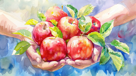 Watercolor illustration of hands holding fresh apples in front of an aquarelle background. Concept of fruit, healthy eating, nature, organic food.の写真素材