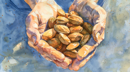 Watercolor Art of Hands Holding Nuts with Blue Background. Concept of Nourishment, Agriculture, Organic Farming, Healthy Living.の写真素材