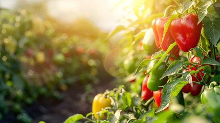 Vibrant Bell Peppers in a Sunlit Field. Concept of Agriculture, Organic Farming, Harvest, Fresh Produce.. Copy space.の写真素材