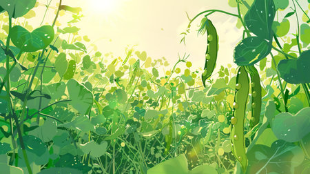Digital illustration of lush green pea field with tall vines. Concept of agriculture, farming,...