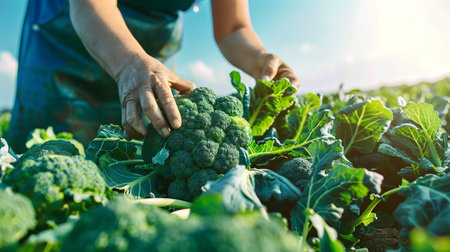 Close-up of Male Farmer Harvesting Broccoli in a Field. Concept of Agriculture, Farming, Organic Vegetables, Rural Lifestyle.の写真素材