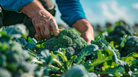 Close-up of Male Farmer Harvesting Broccoli in a Field. Concept of Agriculture, Farming, Organic...