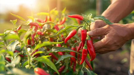 Male farmer's hands harvesting red chili peppers in a sunlit garden. Concept of agriculture,...