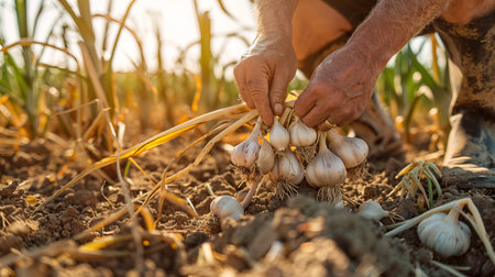 Elderly Caucasian Farmer Harvesting Fresh Garlic Bulbs in Sunny Field. Concept of Agriculture, Organic Farming, Manual Labor, Rural Lifestyle.の写真素材