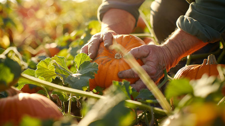 Farmers Hands Harvesting Pumpkins in the Garden. Concept of Agriculture, Organic Farming, Autumn Harvest, Rural Life.の写真素材