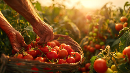 Close-Up of Farmer's Hands Harvesting Ripe Tomatoes in a Sunlit Garden. Concept of Organic Farming,...