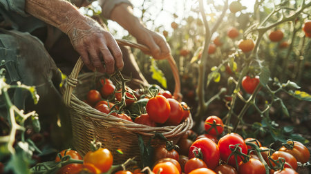 Close-Up of Farmer's Hands Harvesting Ripe Tomatoes in a Sunlit Garden. Concept of Organic Farming, Fresh Produce, Hand-Picked Vegetables, Sustainable Agriculture, harvest.の写真素材