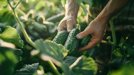 Farmer's hands picking cucumbers from green plants in a sunlit garden. Concept of agriculture, organic farming, fresh produce, vegetable harvest.の写真素材