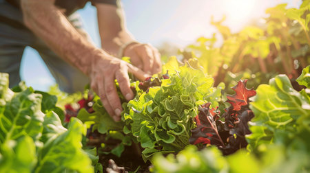 Farmer's hands picking fresh lettuce in a vibrant green garden. Concept of agriculture, organic...