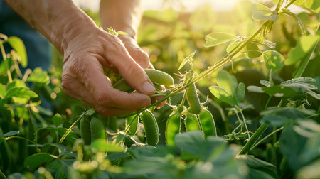 Elderly Farmer Picking Fresh Green Peas from a Lush Garden. Concept of Organic Farming, Gardening, Manual Harvesting, Sustainable Agriculture.の写真素材