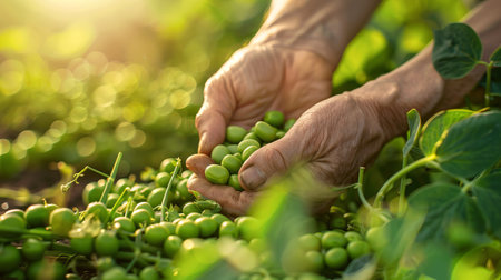 Elderly Farmer Picking Fresh Green Peas from a Lush Garden. Concept of Organic Farming, Gardening, Manual Harvesting, Sustainable Agriculture.の写真素材