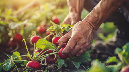Elderly farmer's hands picking red radishes in a vegetable garden. Concept of agricultural labor,...
