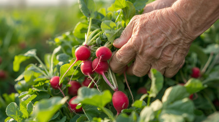 Elderly farmer's hands picking red radishes in a vegetable garden. Concept of agricultural labor, farm produce, gardening, and harvesting.の写真素材
