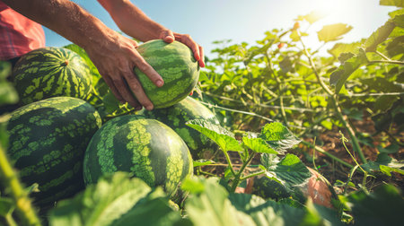 Caucasian Farmer Hands Picking Watermelons in a Sunlit Field. Concept of Harvesting, Agriculture, Farming, Fresh Produce.の写真素材