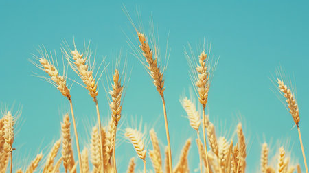 Golden wheat field under a clear blue sky. Concept of agriculture, farming, rural landscape, and nature.. Copy space.の写真素材