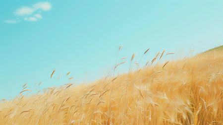 Golden wheat field under a clear blue sky. Concept of agriculture, farming, rural landscape, and...