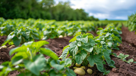 Rows of Mature Potato Plants Growing in a Fertile Field with Fresh Potatoes Visible in the Soil. Concept of Agriculture, Vegetable Farming, Crop Cultivation, Organic Produce.の写真素材