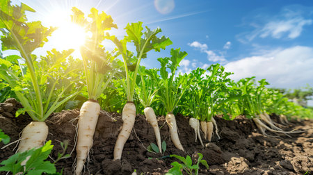 Vibrant Parsnip Field with Green Tops Under a Clear Blue Sky. Concept of Agriculture, Farming, Root Vegetables, Organic Produce.の写真素材