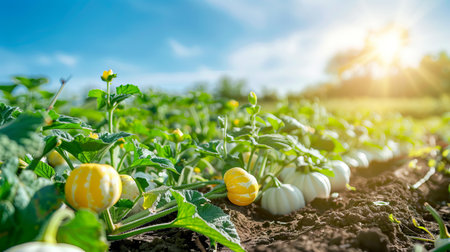 Vibrant Squash Field with Pattypan Squashes in Sunlight Concept of Agriculture, Farming, Fresh Produce, Harvest Season.の写真素材