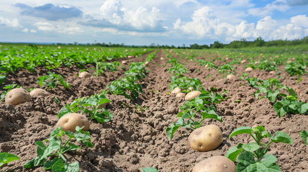Lush Green Potato Field Under a Blue Sky with White Clouds Showing Rows of Freshly Planted Potato Crops in the Countryside.の写真素材