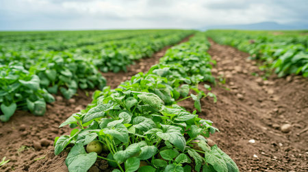 Lush Green Potato Field Under a Blue Sky with White Clouds Showing Rows of Freshly Planted Potato Crops in the Countryside.の写真素材