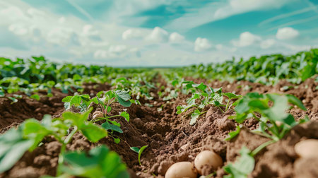 Lush Green Potato Field Under a Blue Sky with White Clouds Showing Rows of Freshly Planted Potato Crops in the Countryside.の写真素材