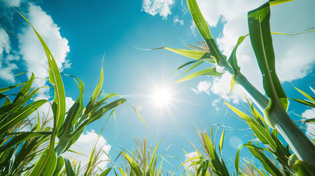 Vivid Sunlit Sugarcane Field with Tall Green Stalks and Clear Blue Sky. Concept of Agriculture,...