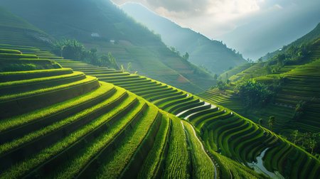 Mountain Terraced Rice Fields at Dawn with Overcast Sky. Concept of Agricultural Landscape, Farming,...