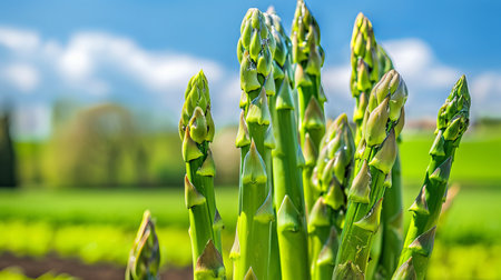 Asparagus Field with Tall Green Spears Against a Clear Blue Sky. Concept of Agriculture, Farming, Fresh Produce, Spring Growth. Copy space.の写真素材
