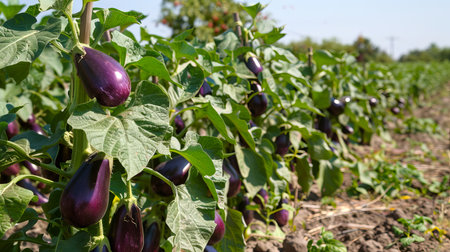 Eggplant field with tall plants and shiny purple fruits in a sunny landscape. Concept of agriculture, farming, vegetable cultivation, organic produce.の写真素材