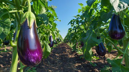 Eggplant field with tall plants and shiny purple fruits in a sunny landscape. Concept of agriculture, farming, vegetable cultivation, organic produce.の写真素材