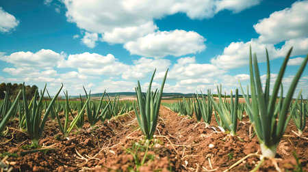 Lush Green Onion Field with Rows of Plants and Blue Sky. Concept of Agriculture, Farming, Rural...
