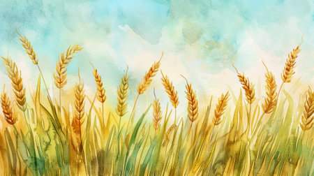Watercolor illustration of a barley field with golden heads against a blue sky. Concept of agriculture, nature, rural scenery, and grain crops.. Copy space.の写真素材