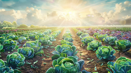Watercolor illustration of a cabbage field with rows of green and purple cabbage under a blue sky and mountains in the background. Concept of agriculture, farming, vegetable plantation. Copy space.の写真素材