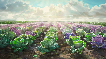 Watercolor illustration of cabbage field rows with green hills in the background. Concept of agriculture, farming, rural landscape, and organic produce.. Copy space.の写真素材